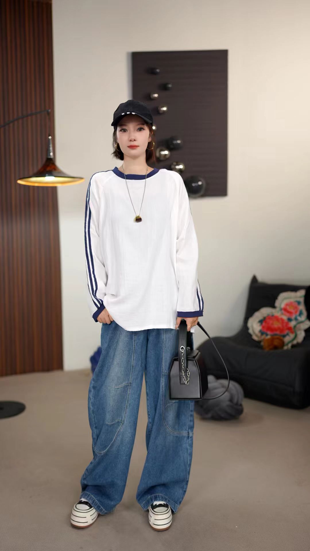 美式潮牌纯色个性条纹长袖女秋季纯棉重磅圆领