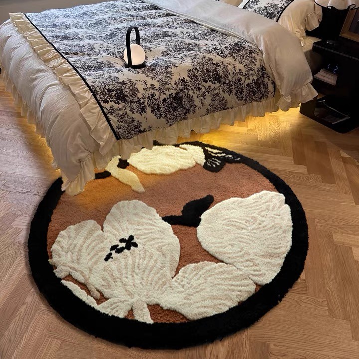 红栀香庭加厚圆形地毯中古法式奶油风卧室衣帽间摇椅地垫