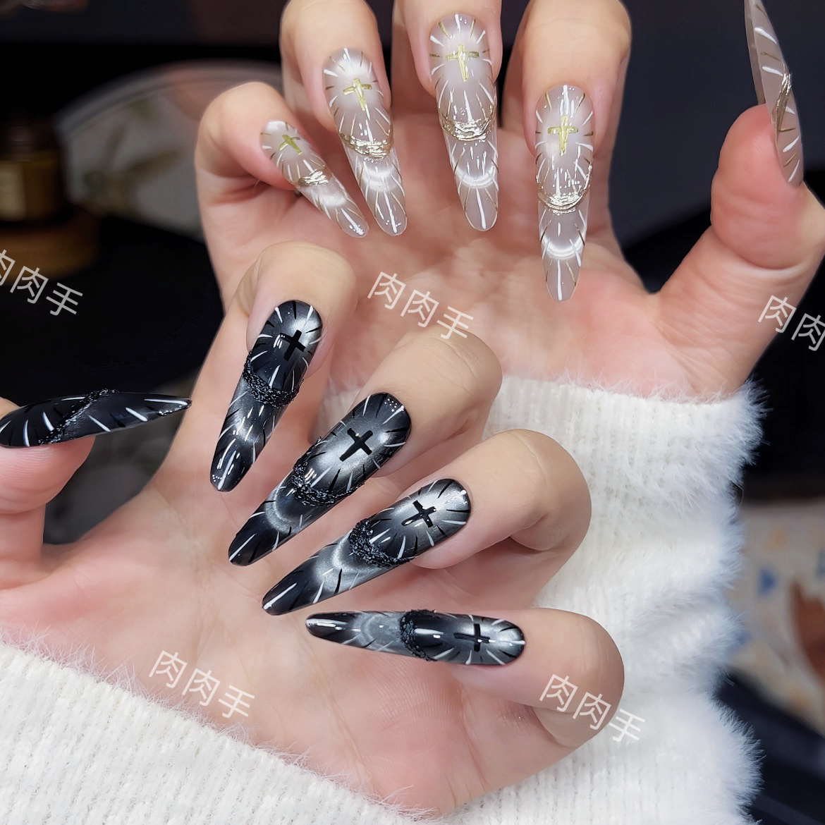 【神谕圣光】暗黑猫眼手绘个性贝拉同款高级感穿戴甲 