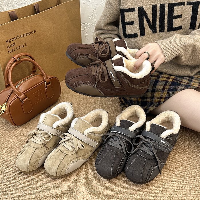 芝麻德训鞋加绒加厚魔术贴毛毛棉鞋保暖运动阿甘鞋女冬季