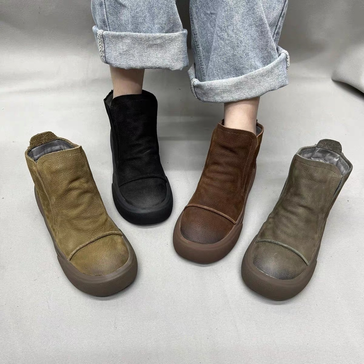 圆头秋冬靴子复古低跟加绒平底一脚蹬短靴棉鞋磨砂时尚8382-3A
