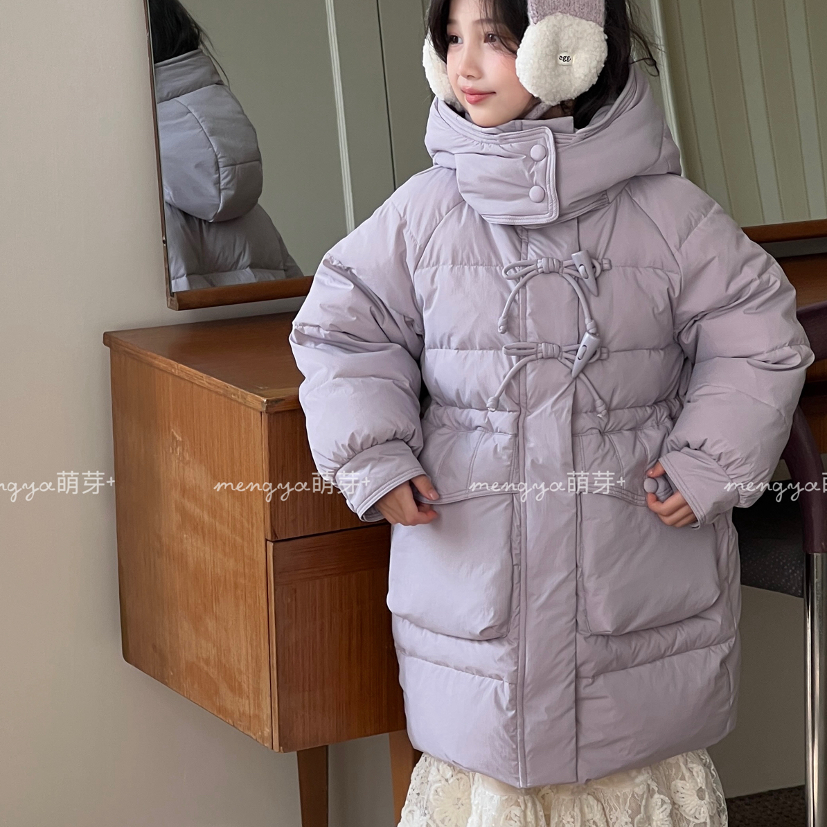 佑佑家25新国标90白鸭绒连帽中长款羽绒服