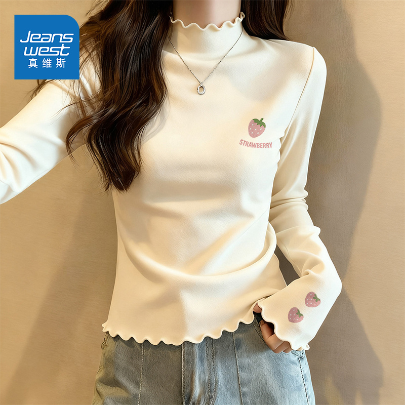 真维斯木耳领长袖t恤女2025新款秋冬德绒内搭洋气保暖宽松打底衫