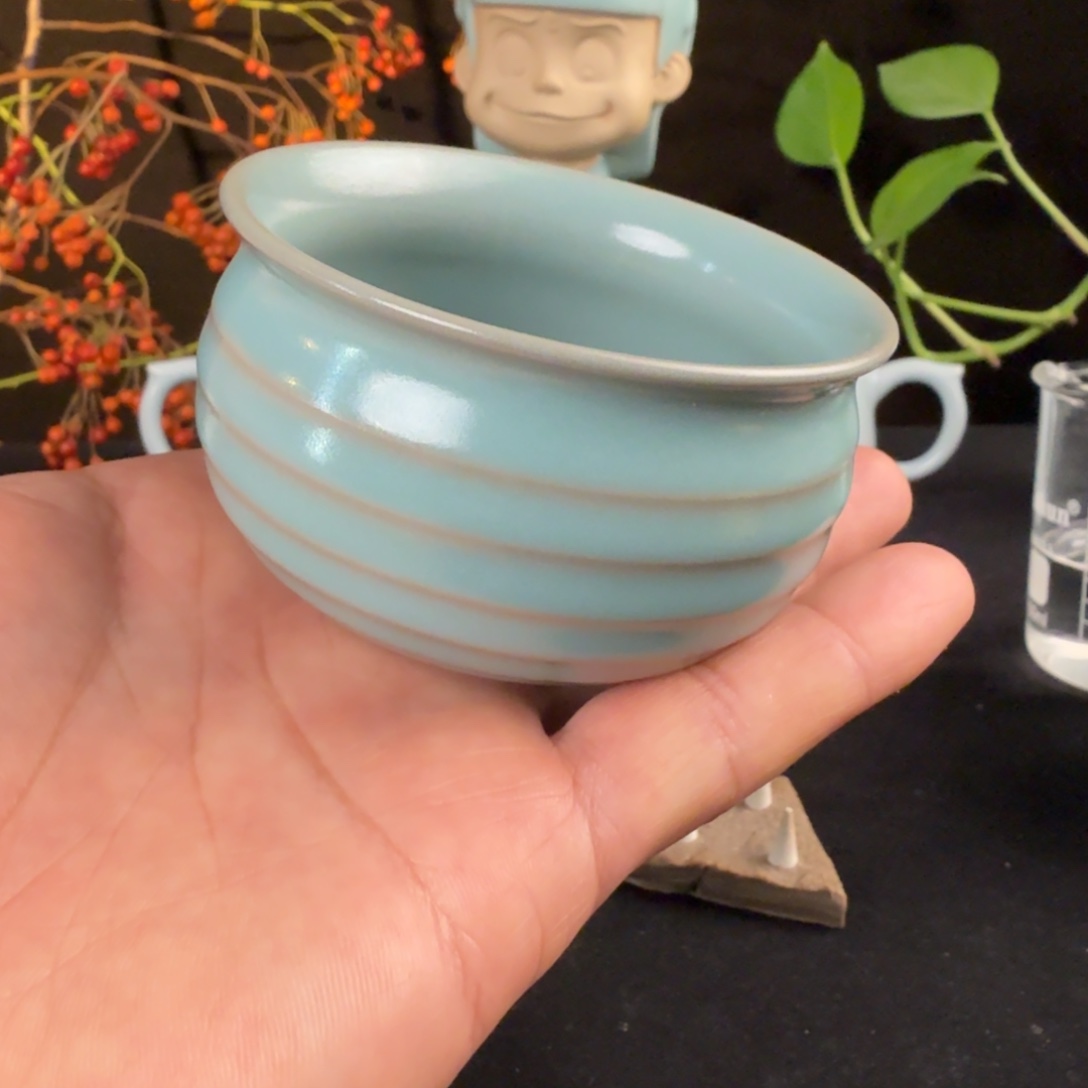 摆件陶汝瓷天蓝炫纹杯原矿原釉