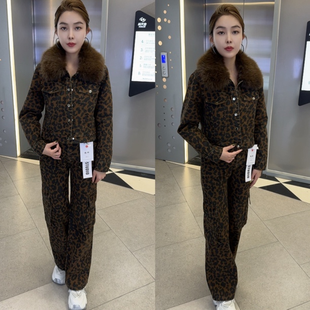 气质豹纹毛毛领显瘦外套洋气搭配加绒长裤套装冬季新款秋冬休闲