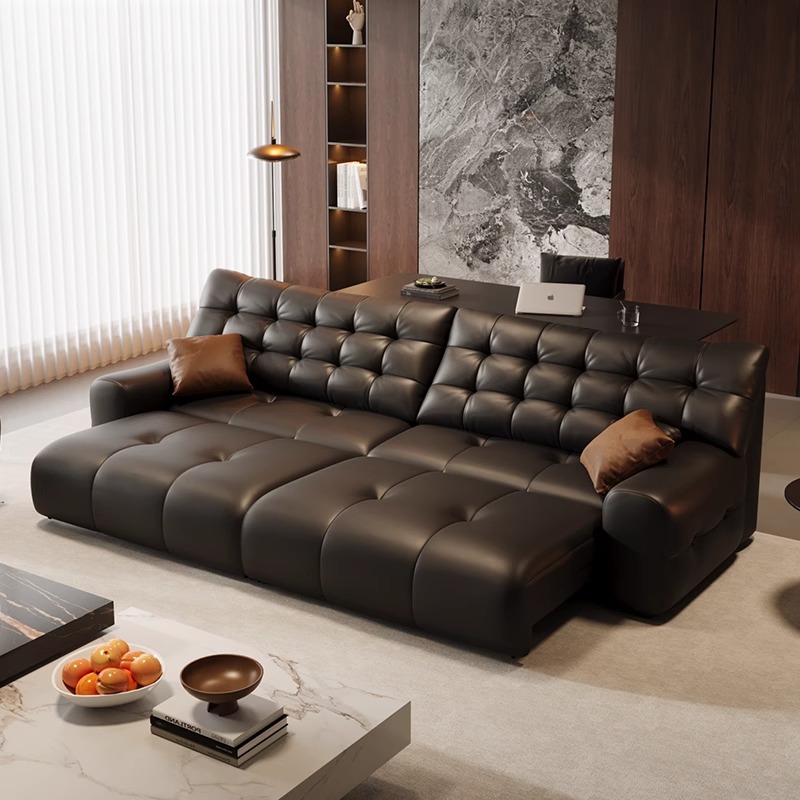 【大黑熊沙发床】电动伸缩真皮沙发床意式极简别墅客厅黑色直排沙发