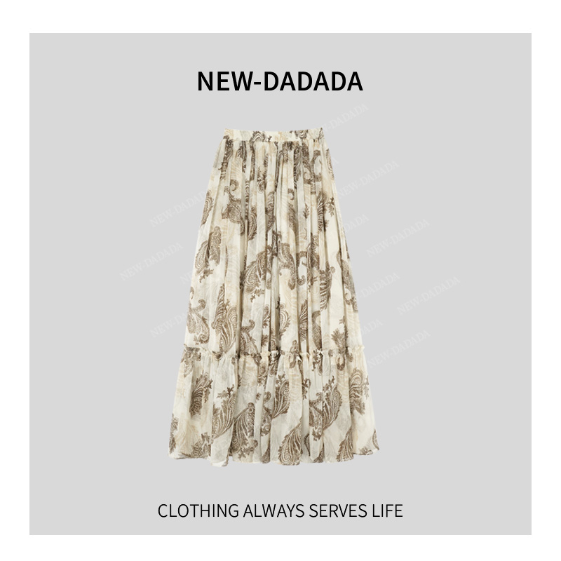 复古风雪纺半身裙女2025夏印花伞裙小个子百搭a字裙