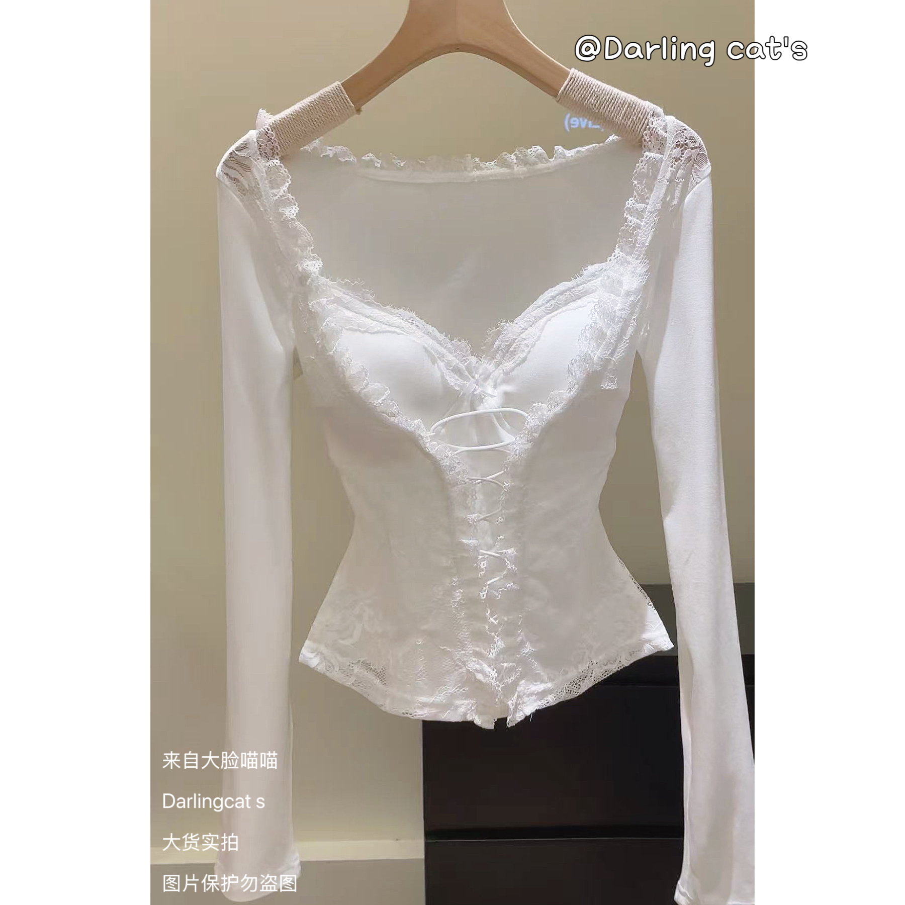  【大脸喵喵实拍】娇娇雪穗 加绒带胸垫 蝴蝶结蕾丝T恤纯欲长袖上衣