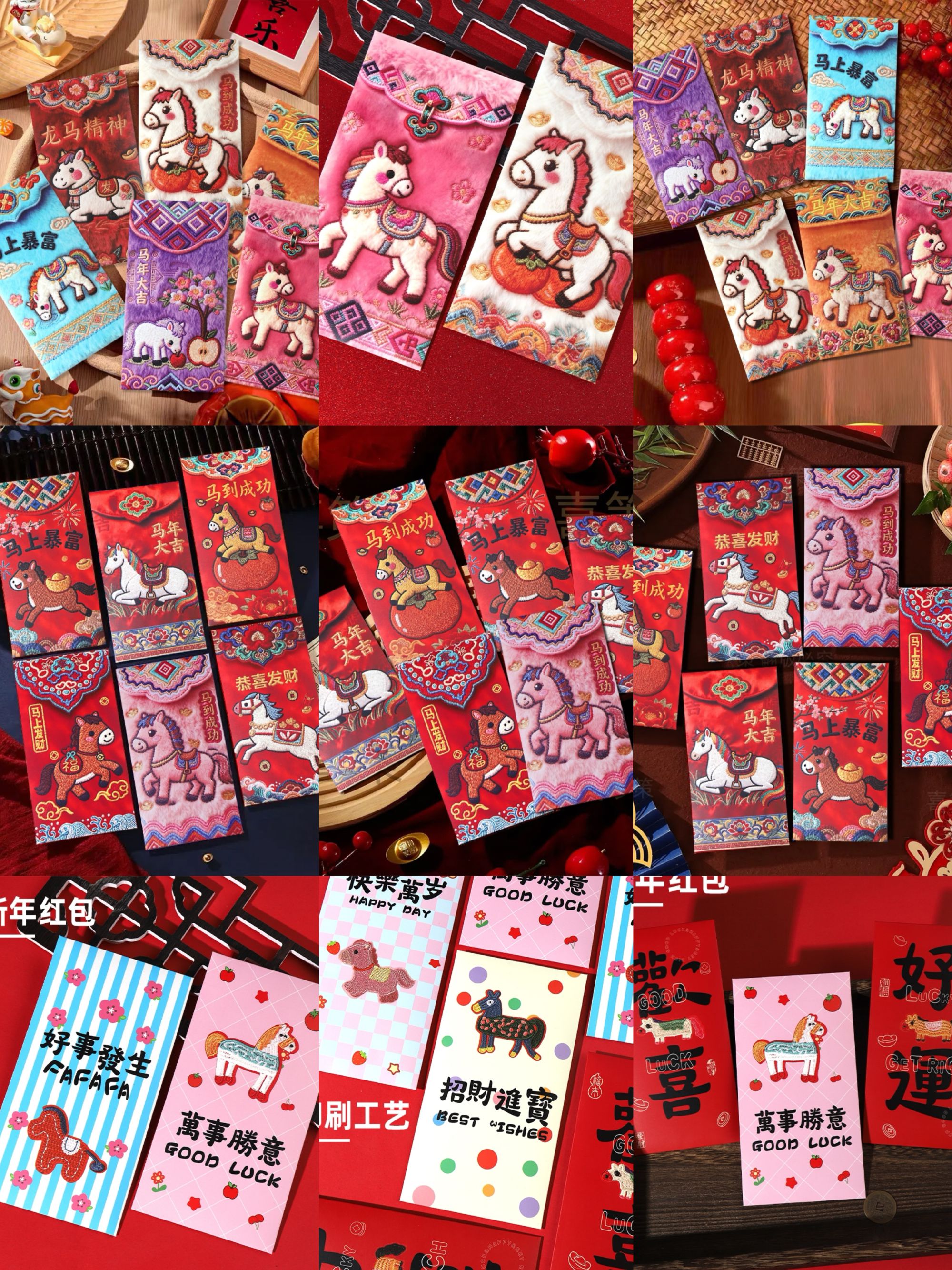（9·9/60个装）2026马年5D平面刺绣印刷风格卡通Q版春节利是封红包 