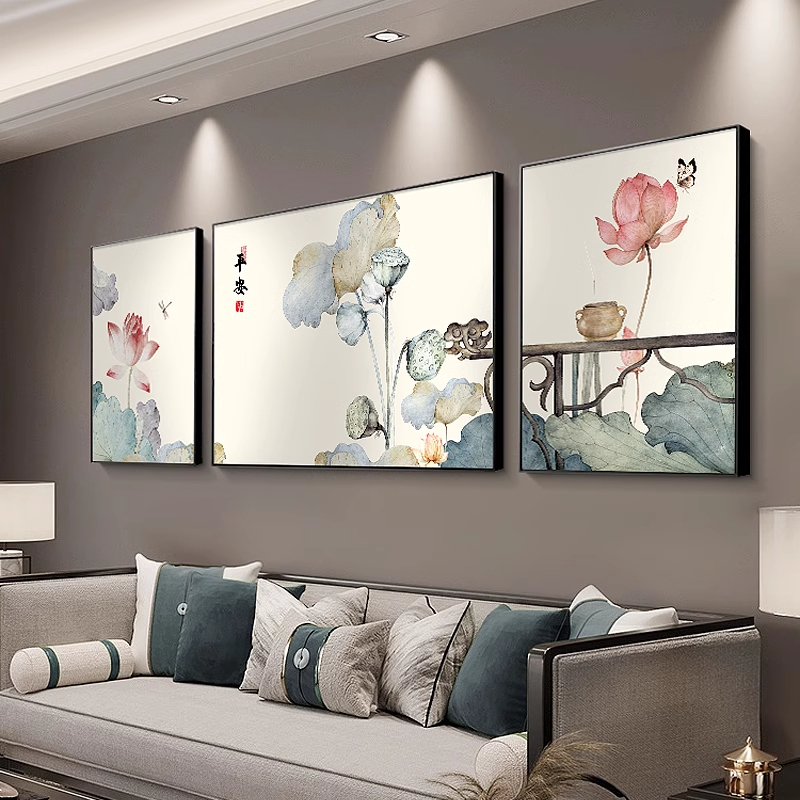 大气轻奢客厅装饰画新中式高级感沙发背景挂画三联画茶室高档壁画