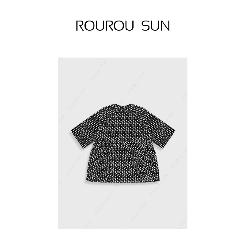 23900韩系百搭宽松中长款松弛感显瘦碎花圆领半袖上衣