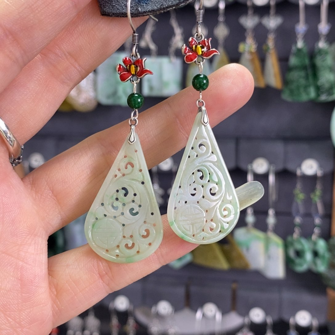 翡翠耳饰银S925镶嵌耳坠