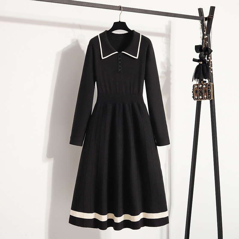 大码女装2025冬季优雅气质撞色宽松显瘦百搭胖妹妹收腰针织连衣裙