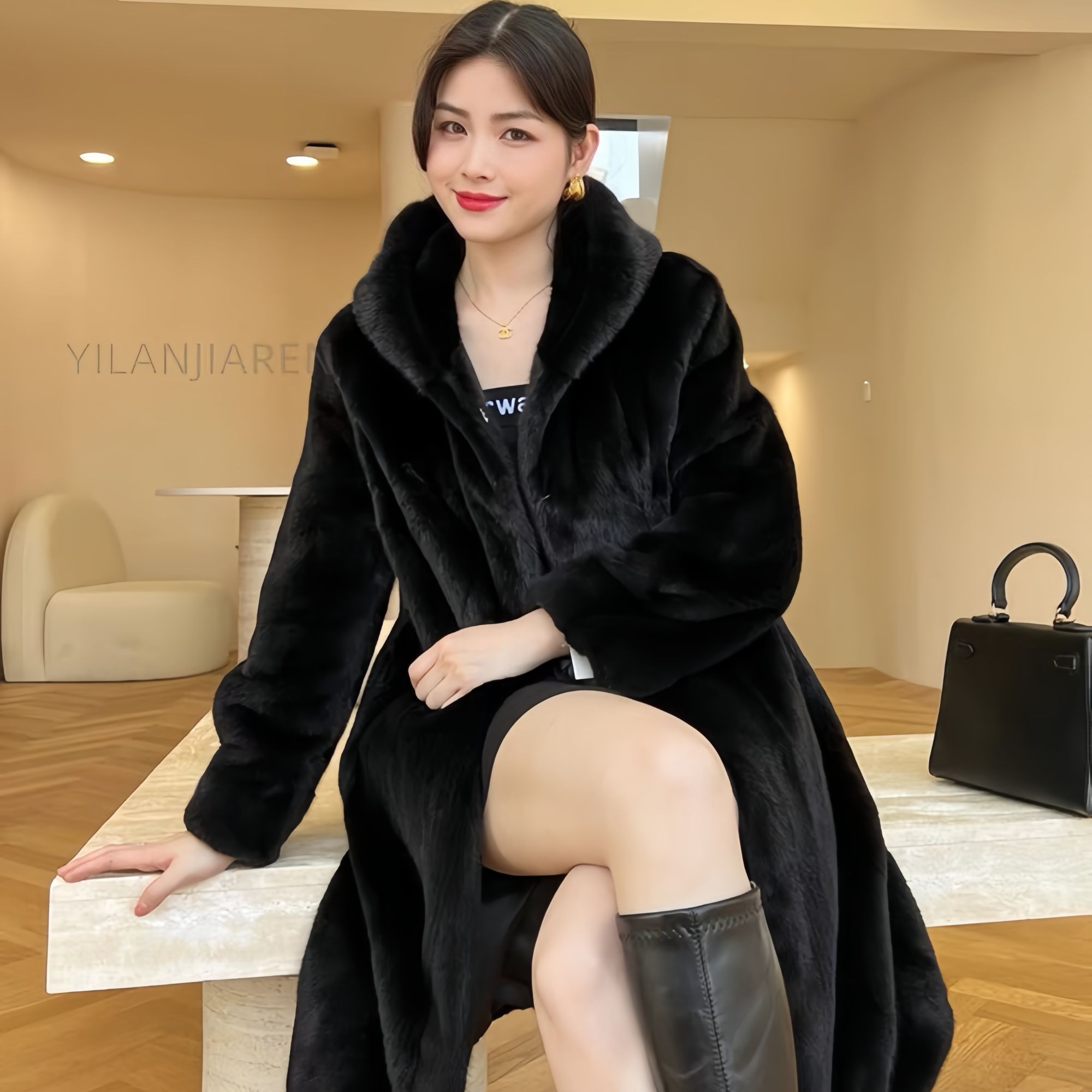 【金标正品反季清】海宁连帽110厘米长款米兰貂毛皮高端气质冬大衣