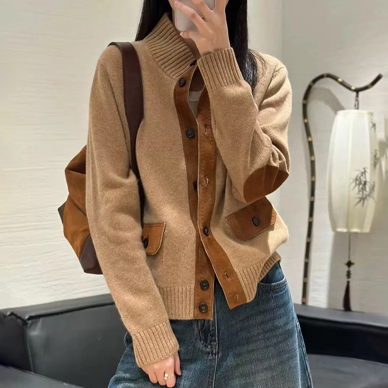 【老钱风】LP同款鹿皮绒拼接100羊毛意式加厚宽松针织开衫洋气外套