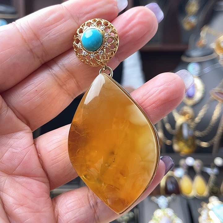 琥珀颈饰银S925镶嵌吊坠