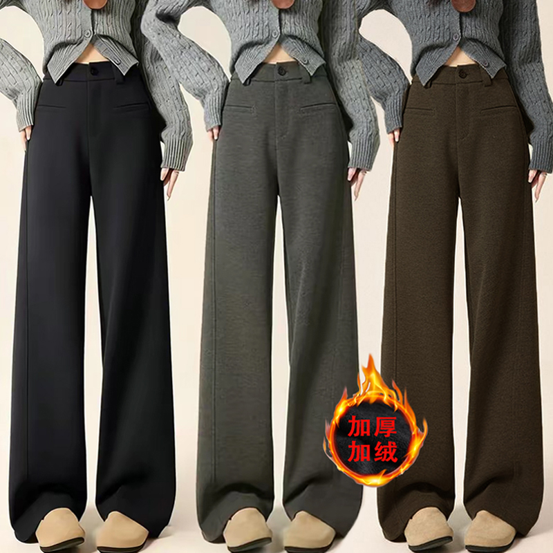 高品质升级版加绒加厚毛呢直筒裤女款2025冬季新款窄版保暖休闲裤