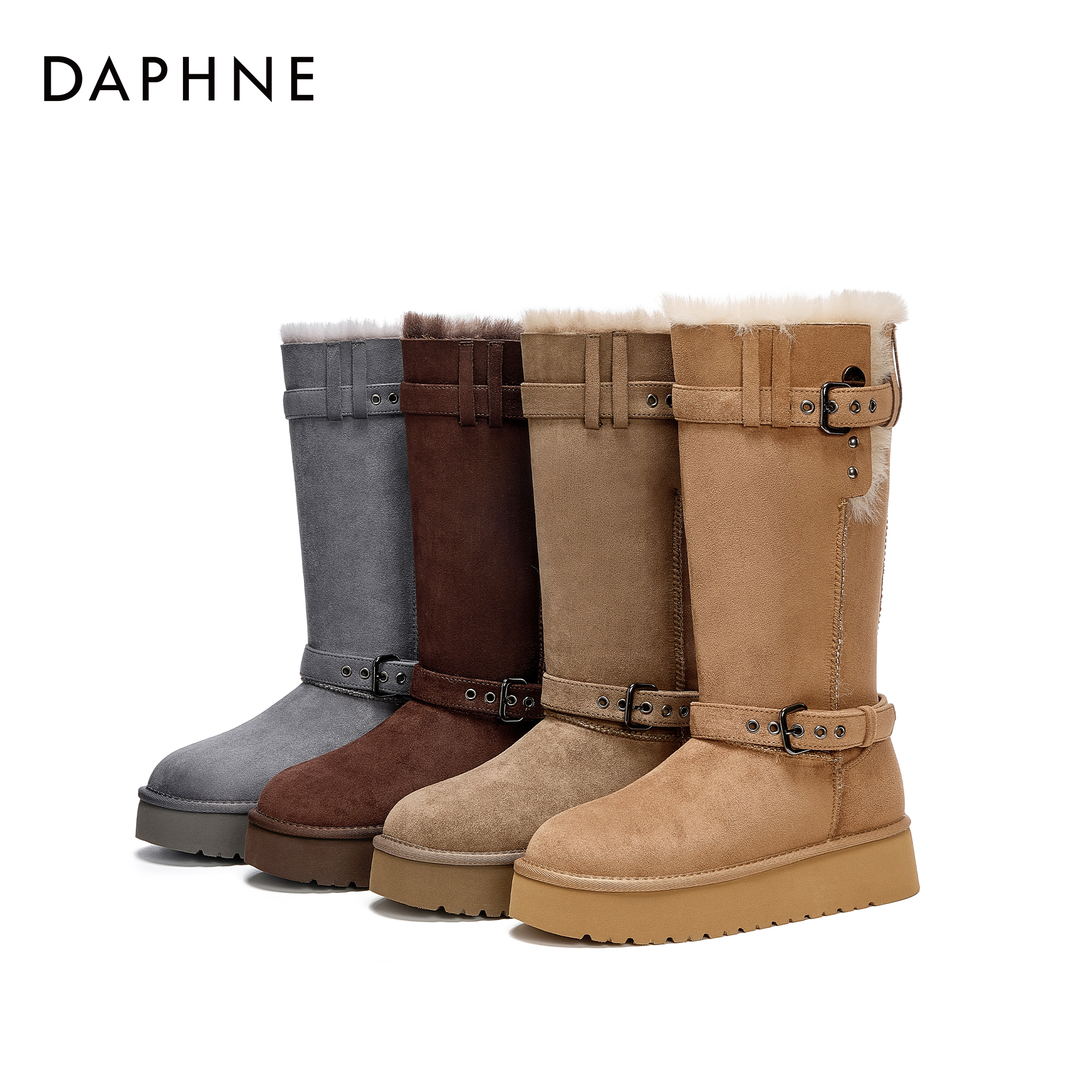 2025达芙妮冬季加绒加厚雪地靴女时尚皮带扣装饰厚底高筒靴