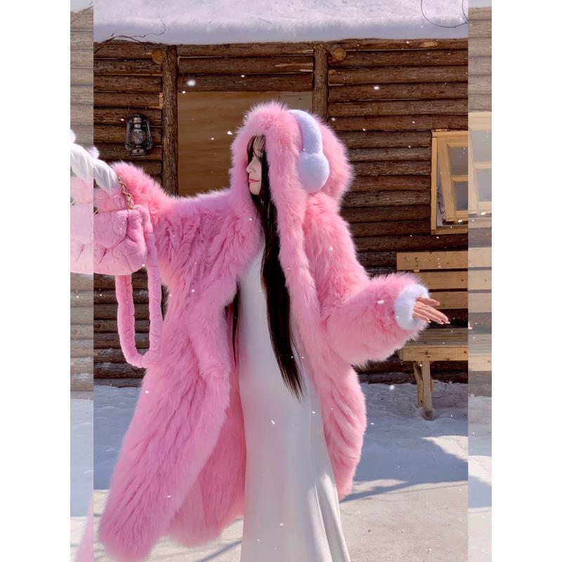 进口狐狸毛长款大衣女王气质加厚双面戴帽外套