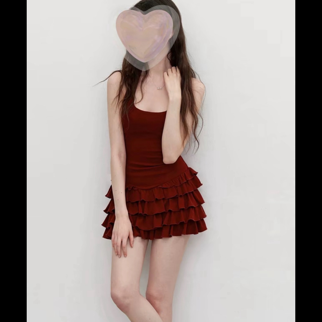 夏季新款挂脖修身收腰复古拼接蛋糕连衣裙#8050