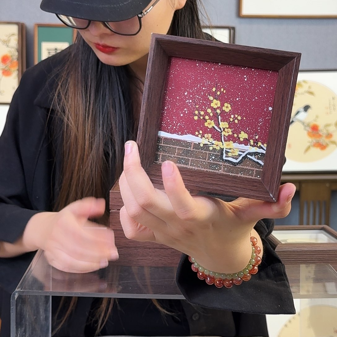国画纯手绘，纯手写带框尺寸：12×12厘米