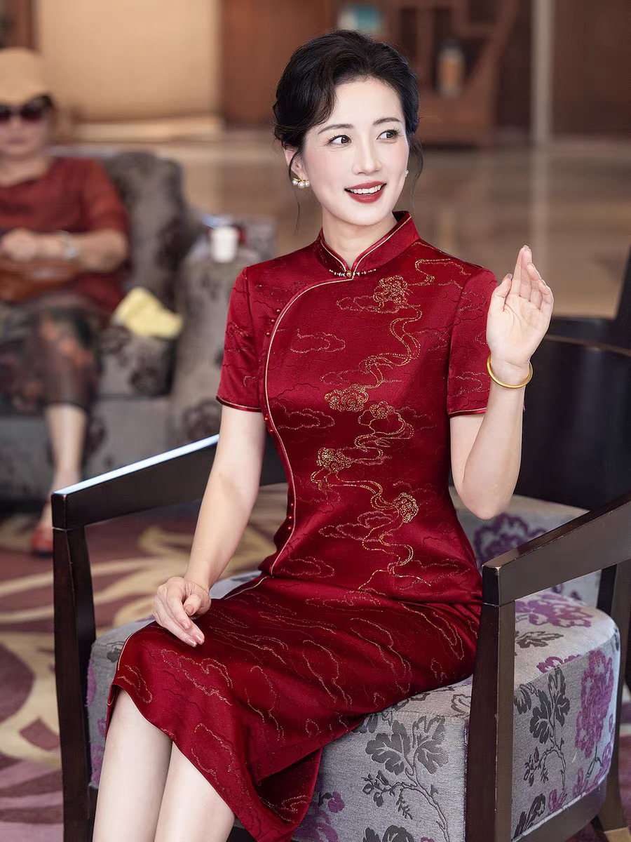 婚礼文艺复古/民族风低开衩旗袍婚礼服复古修身中式