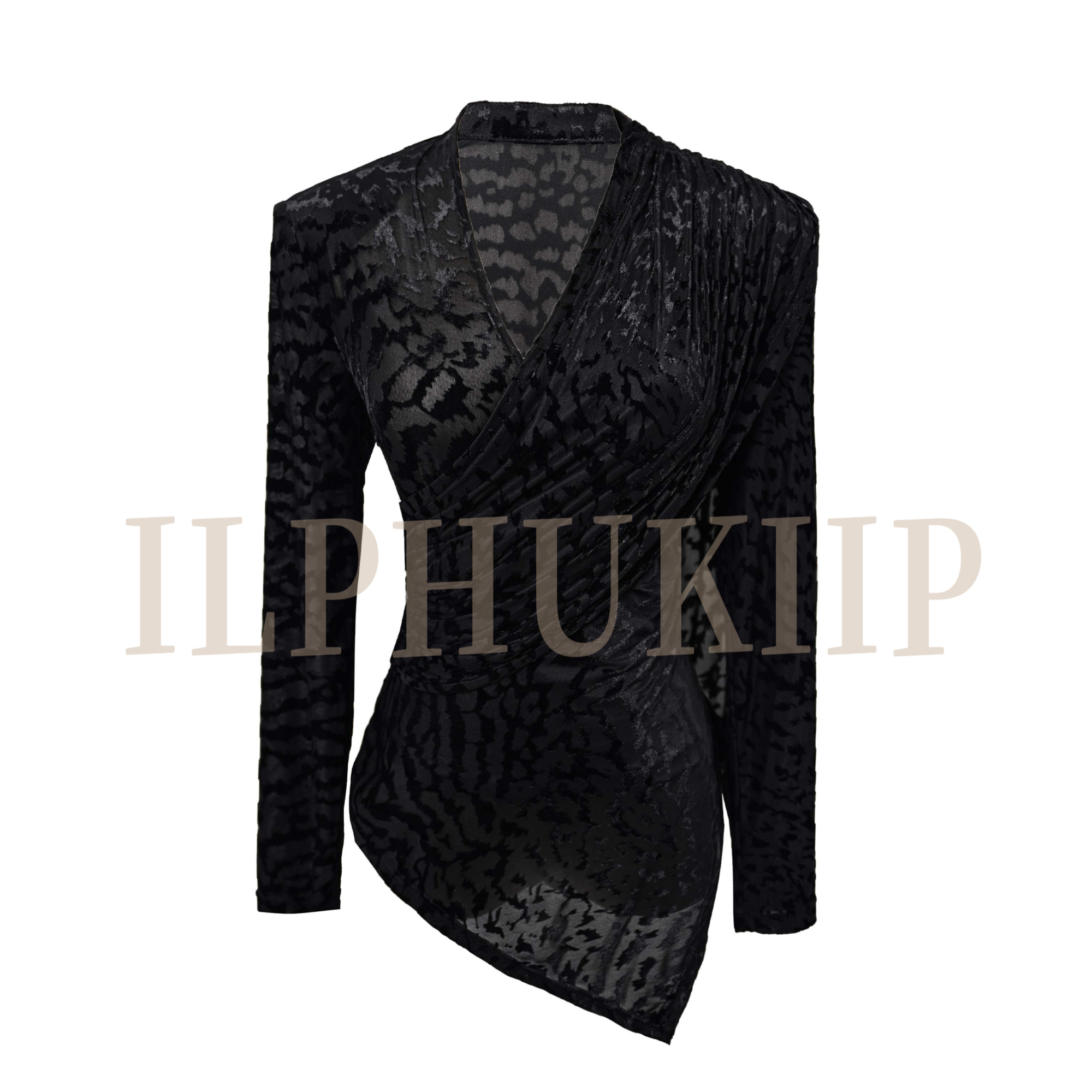 ILPHUKIIR【绒雾】丝绒弹力豹纹可拆飘带复古收腰垫肩微透中长上衣