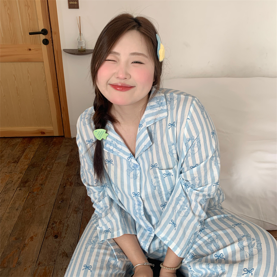 大码胖MM200斤秋长袖长裤棉纱蓝条纹蝴蝶结印花猫咪睡衣