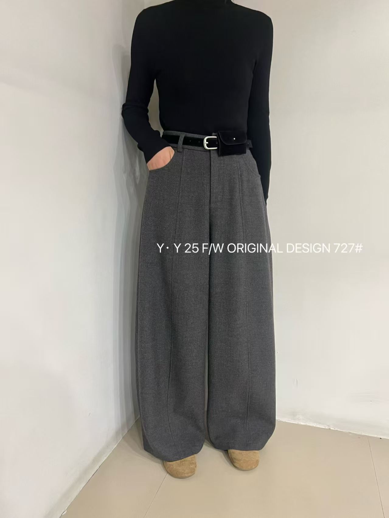 KM-冬季新款加绒纯色带腰带毛呢裤版型超正727（裤长102左右）