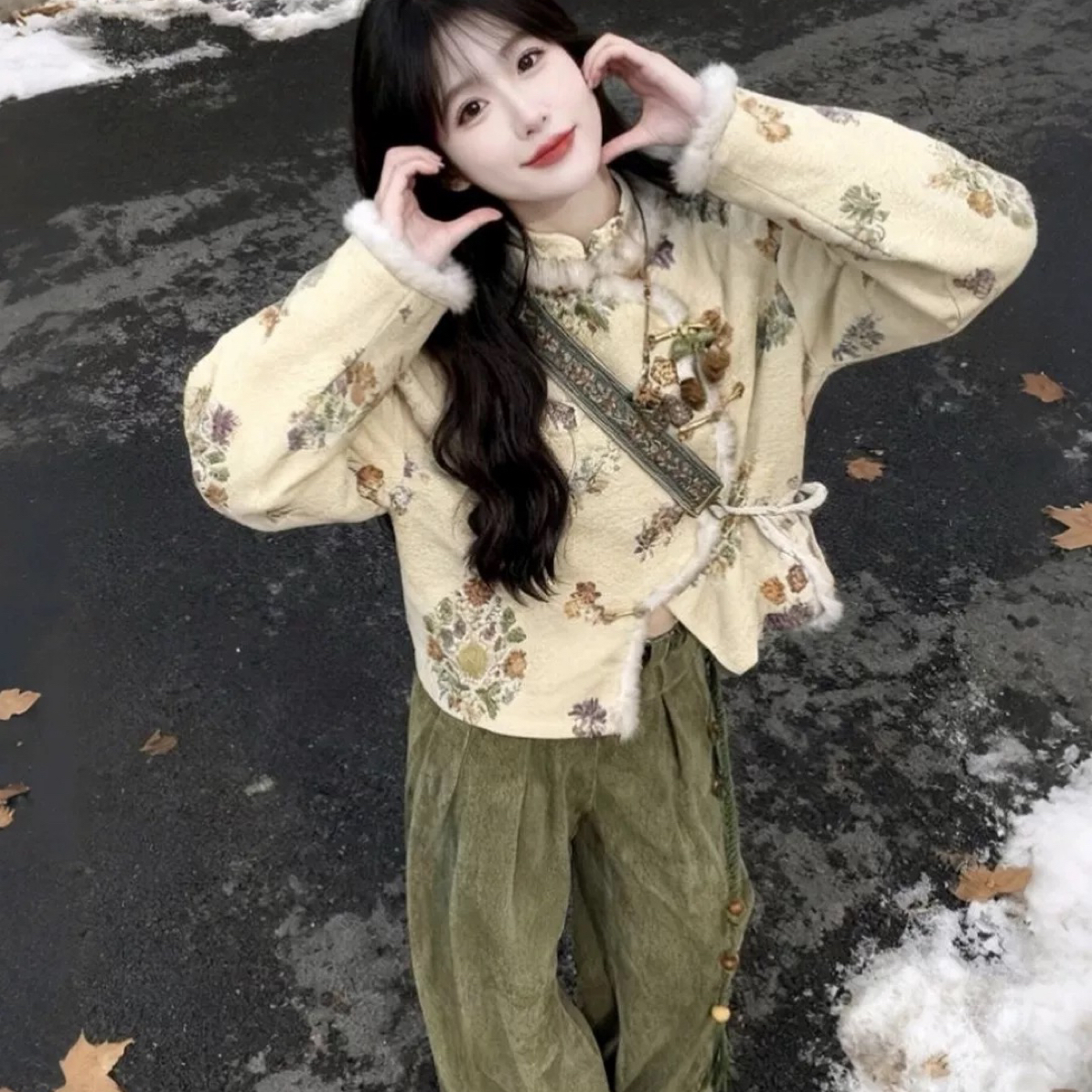 【安心推荐】高级感大码胖mm新中式女装国风盘扣棉服阔腿裤套装