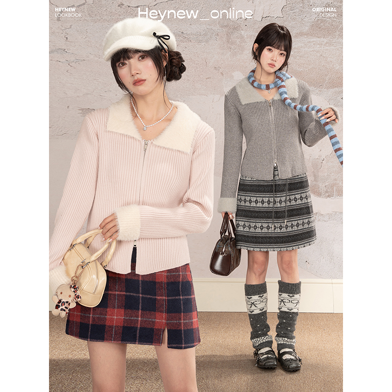 【HEYNEW黑妞】撞色毛绒翻领双头拉链女冬收腰显瘦高级感毛衣5D460