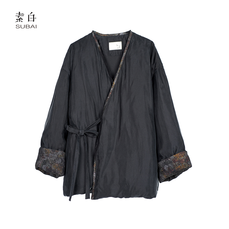 素白【墨语】SB2410YR00592黑色国风简约黑色绑带保暖鹅绒羽绒服