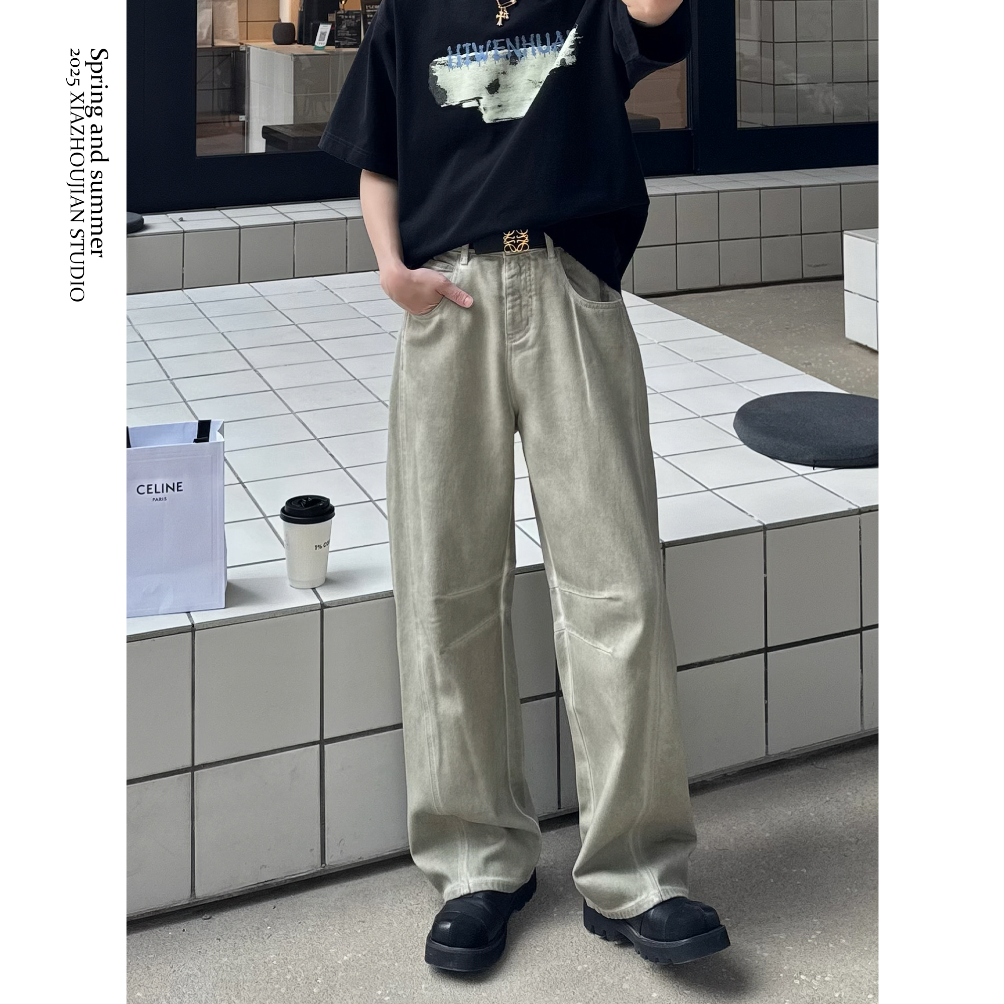 【譚星】25S/S 双酵素洗 手工擦砂马骝褪色 立体破骨直筒微阔牛仔裤