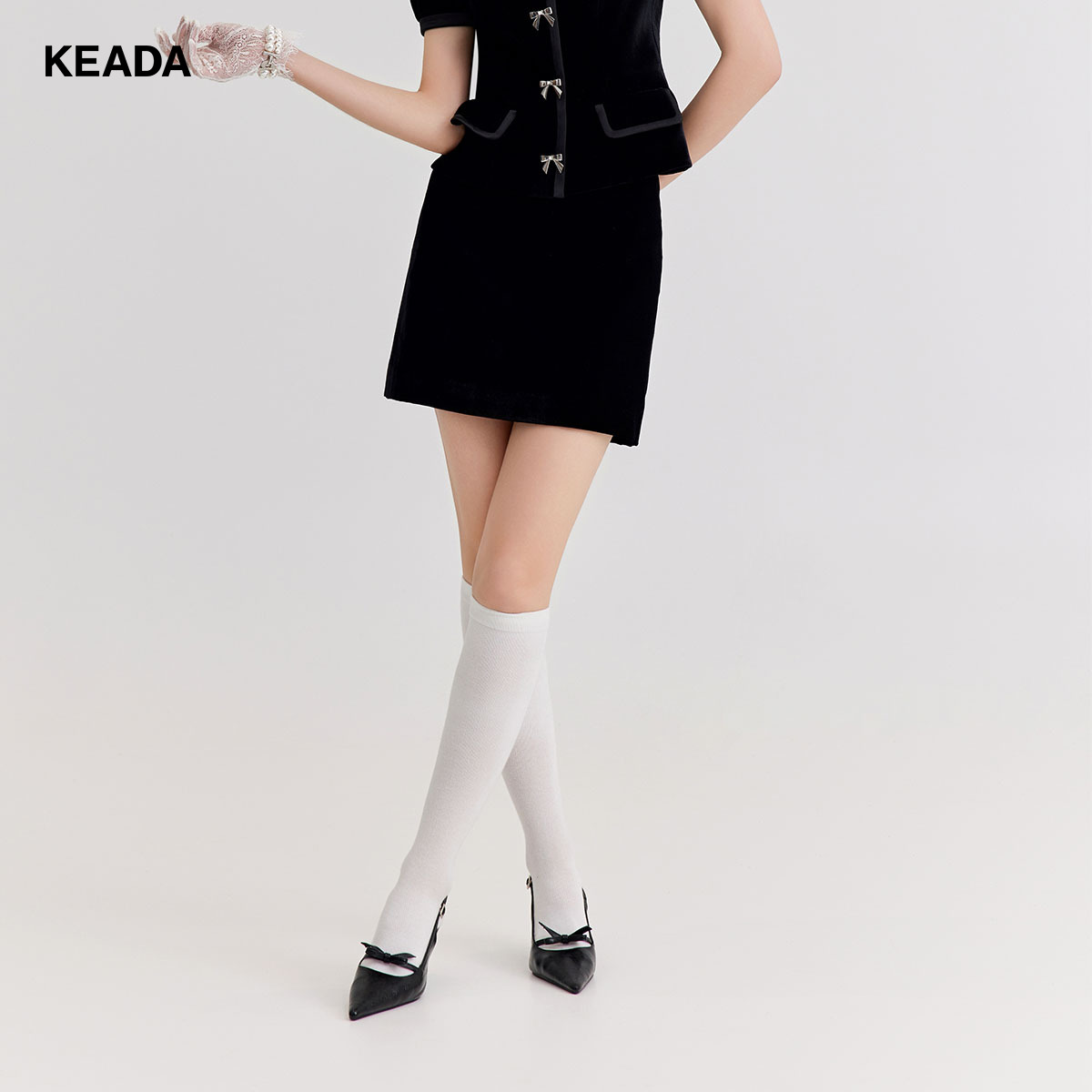 KEADA高级感黑色丝绒蝴蝶结a字裙半身裙包臀裙短裙KSN3SU3265