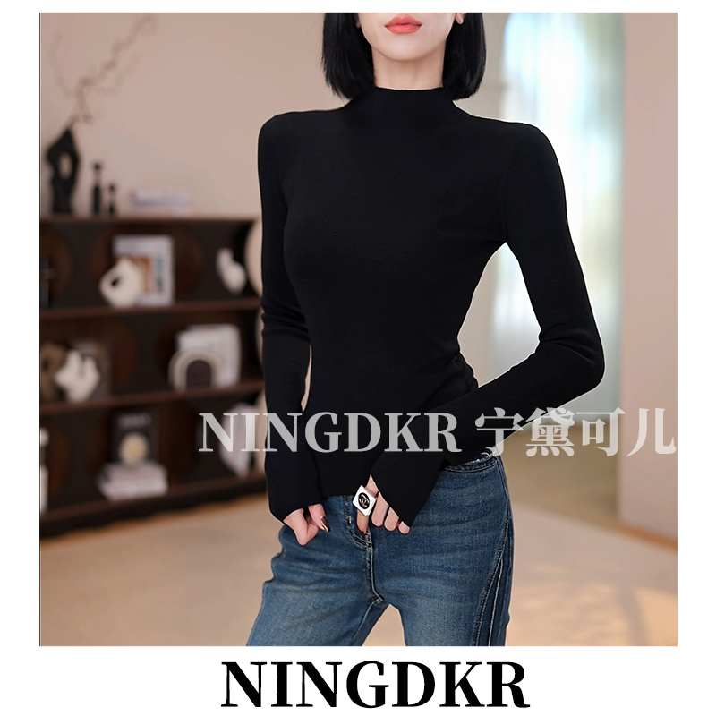 优B30826纯色基础款显瘦长袖半高领针织衫女四季百搭打底衫上衣