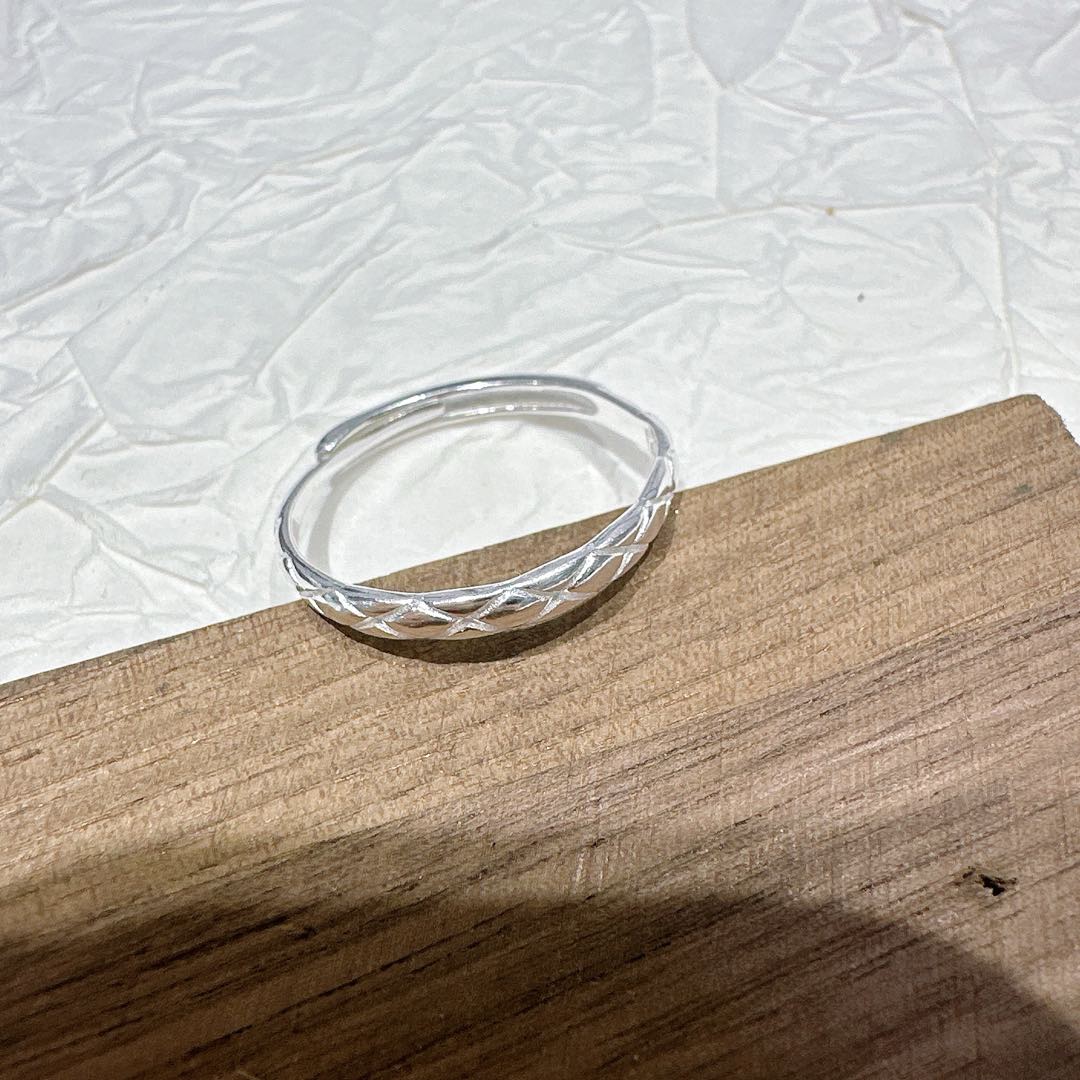 足银戒指  纯银990菱纹开口戒指百搭素圈尾戒简约银戒可调节交插