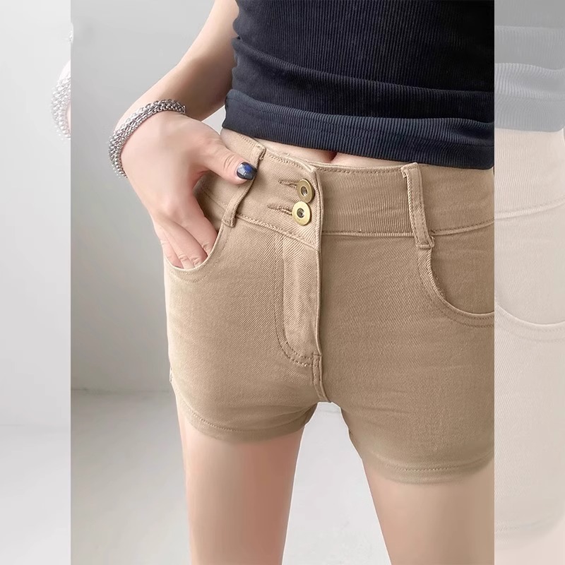 雪千羽卡其色弹力美式牛仔短裤女2025夏新款高腰紧身辣妹a字热裤