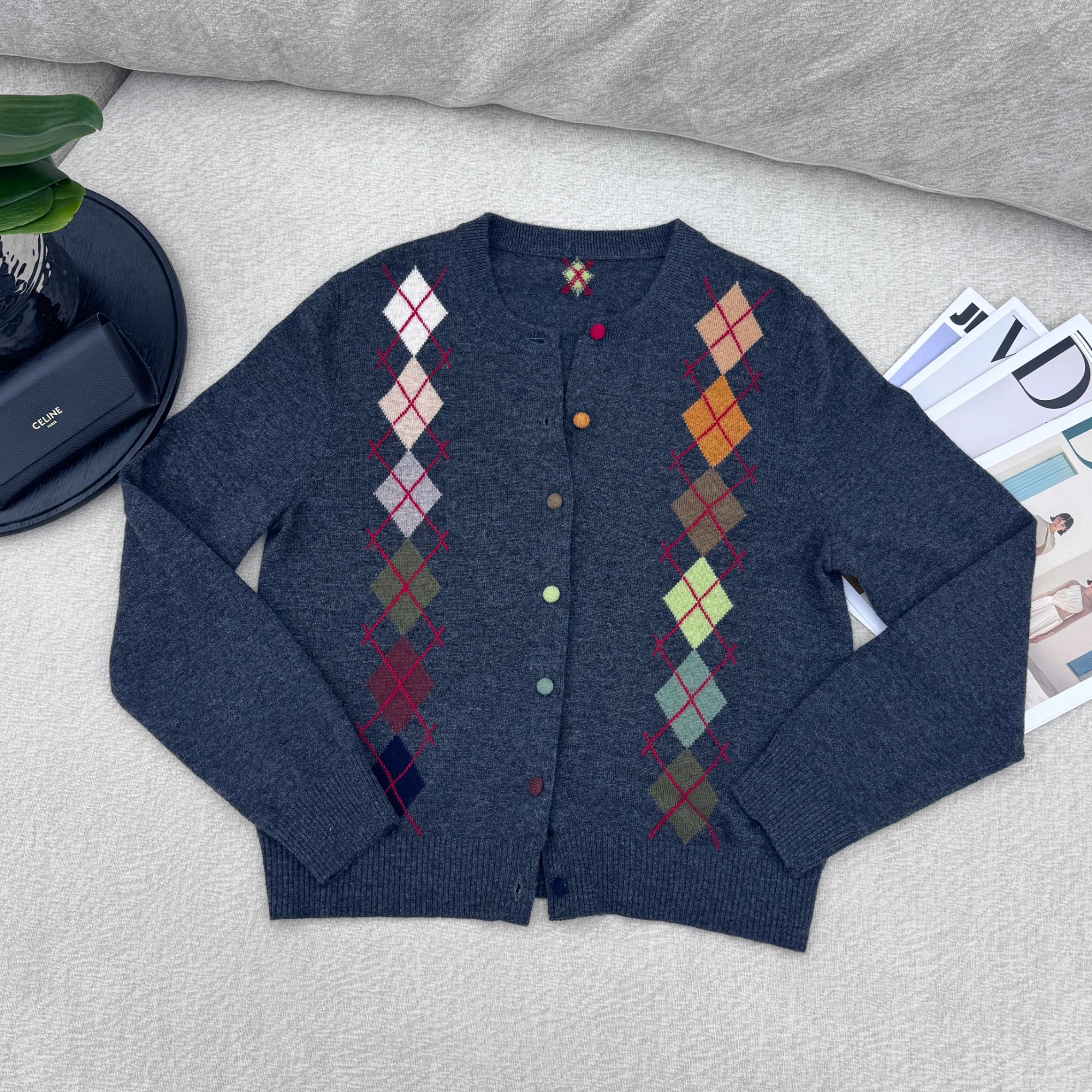 【菱格开衫】毛针织衫蓝色圆领菱形时尚休闲女针织菱格意式提花