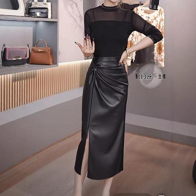 系带PU皮裙半身裙女春秋2025新款高腰显瘦开叉中长款一步裙包臀裙