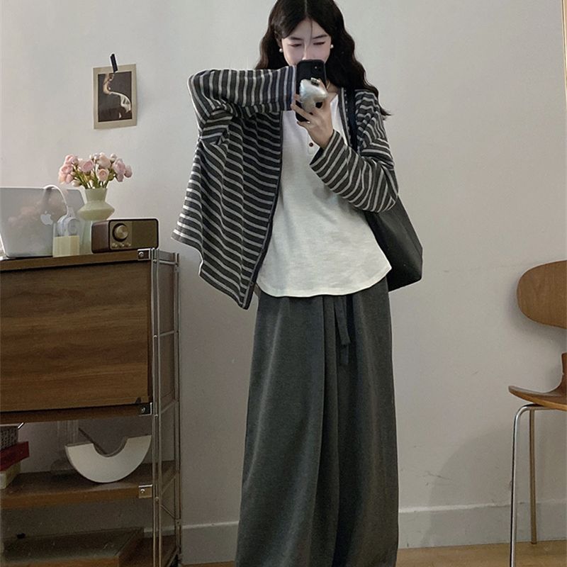 包包专属大码秋季新款慵懒风美式条纹内搭背心+外套+长裤套装3353