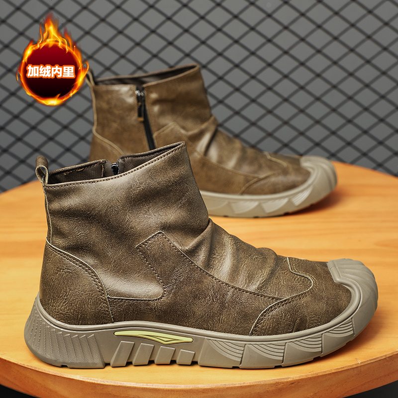 新款男鞋2025冬季加绒马丁靴复古亮面潮流休闲百搭高帮潮鞋RS55-1