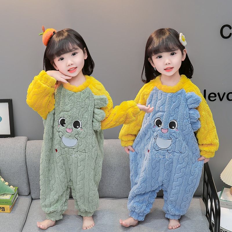 连体睡衣秋冬季法兰绒保暖睡袋男女宝宝加绒加厚防踢爬服家居服