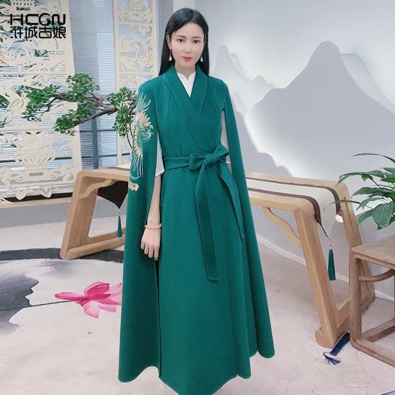 浒城古娘中式国风绿色气质长款女士御风双面呢长斗篷-22D11232