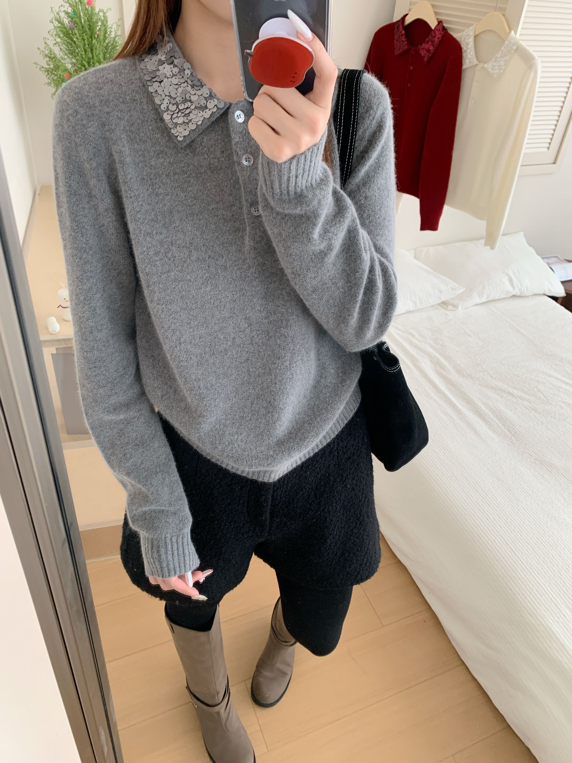 【潘潘.858815】新款秋冬蜜熊绒POLO领珠片长袖针织内搭毛衣