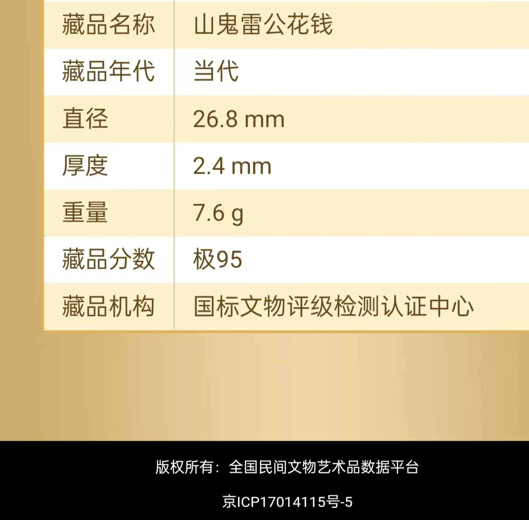 国标评级/95分/一枚当代山鬼雷公花钱
