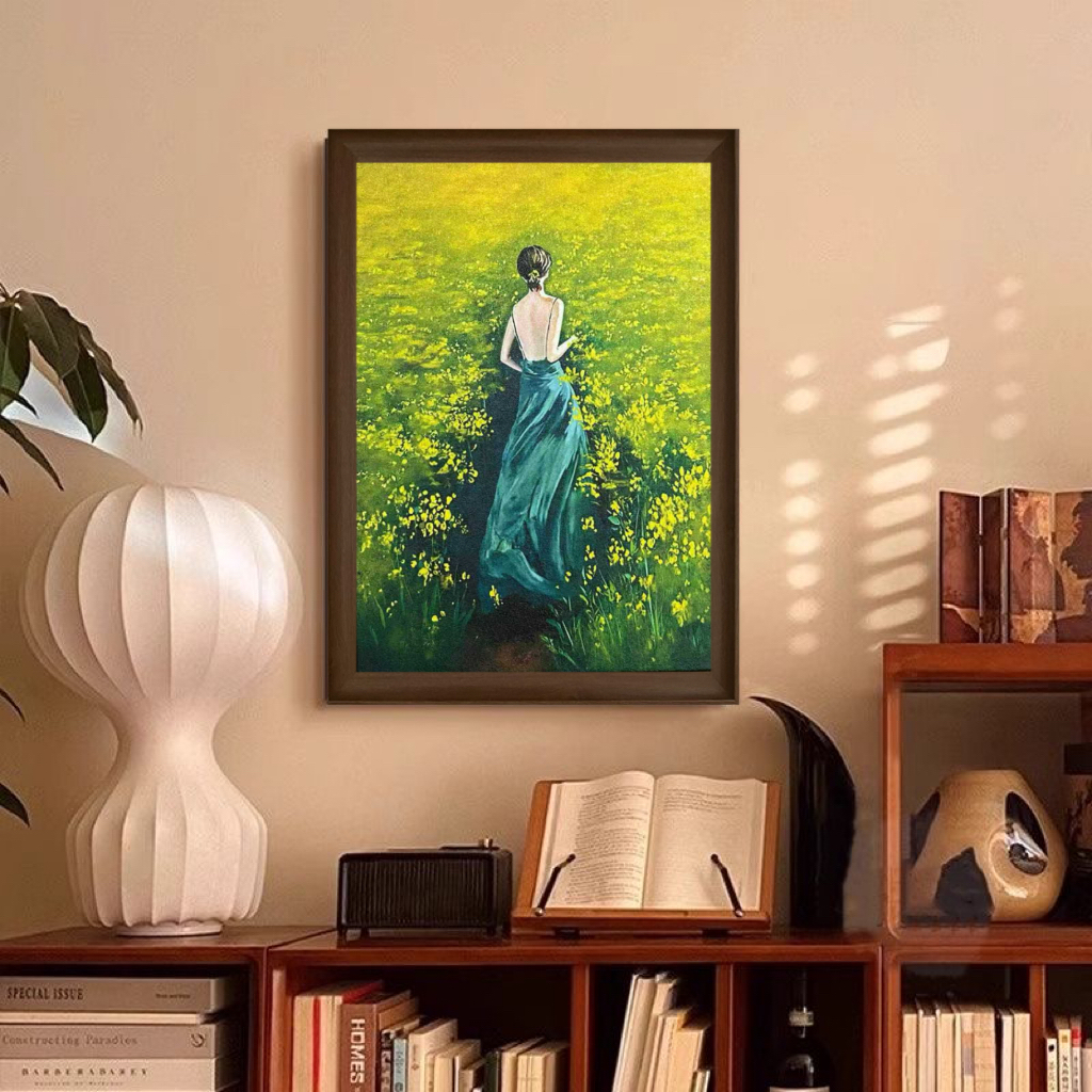 现代简约风油菜花田抱花女孩装饰画入户玄关客厅卧室背景挂画A18