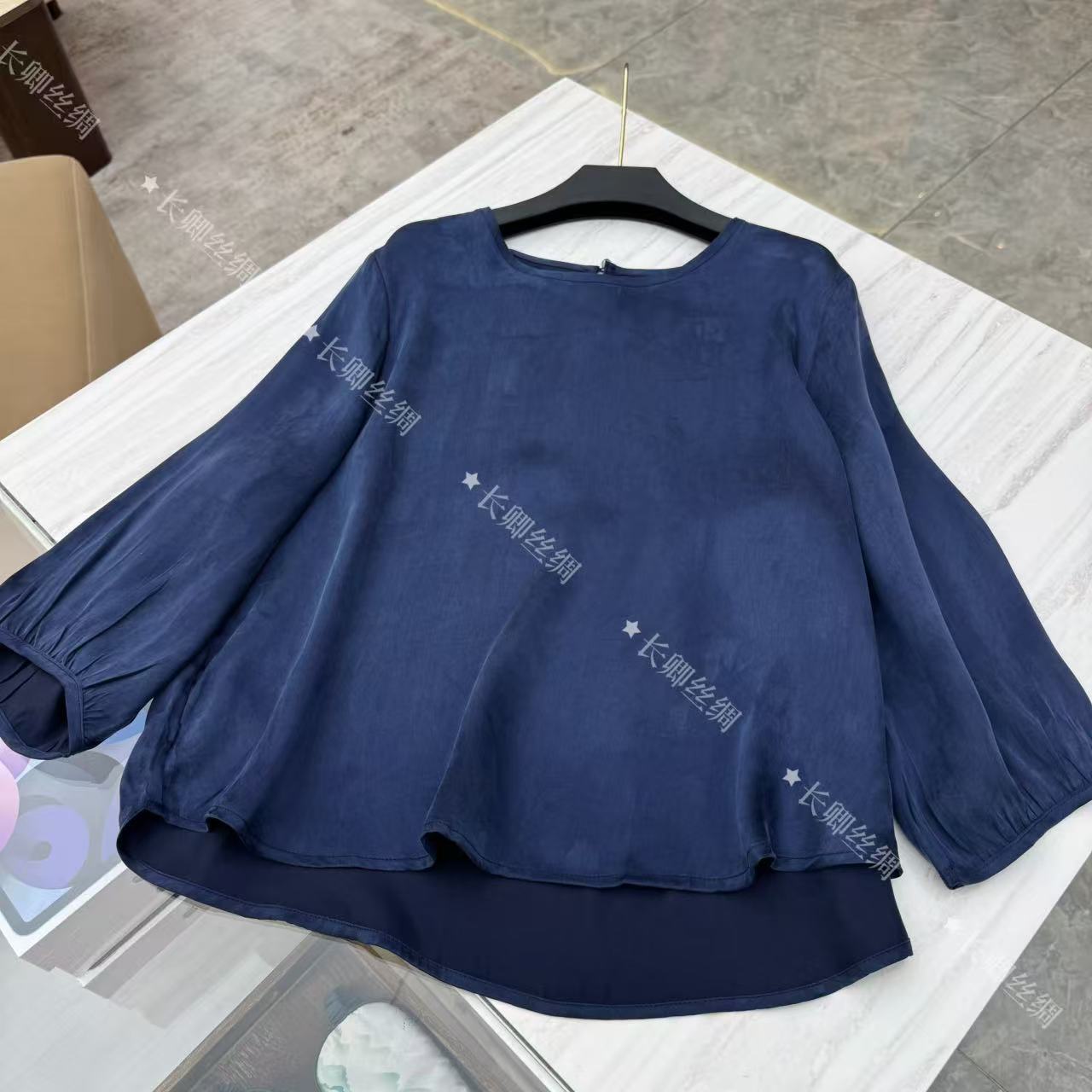 【青青】新中式真丝国风蓝色长袖上衣D534