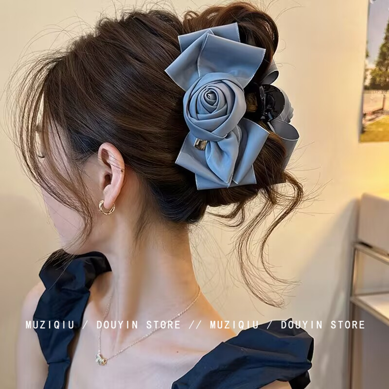 木子秋 气质高级感抓夹大号缎面蝴蝶结玫瑰发夹发量多后脑勺头饰