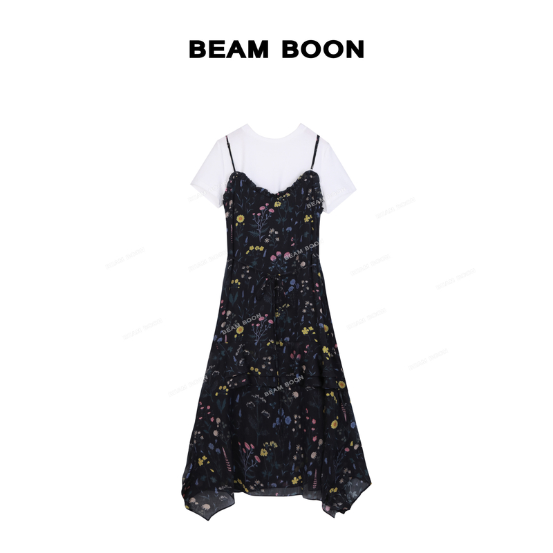 Beam Boon【碎光拾蕊】法式碎花天丝混纺垂感不规则显瘦吊带套装裙