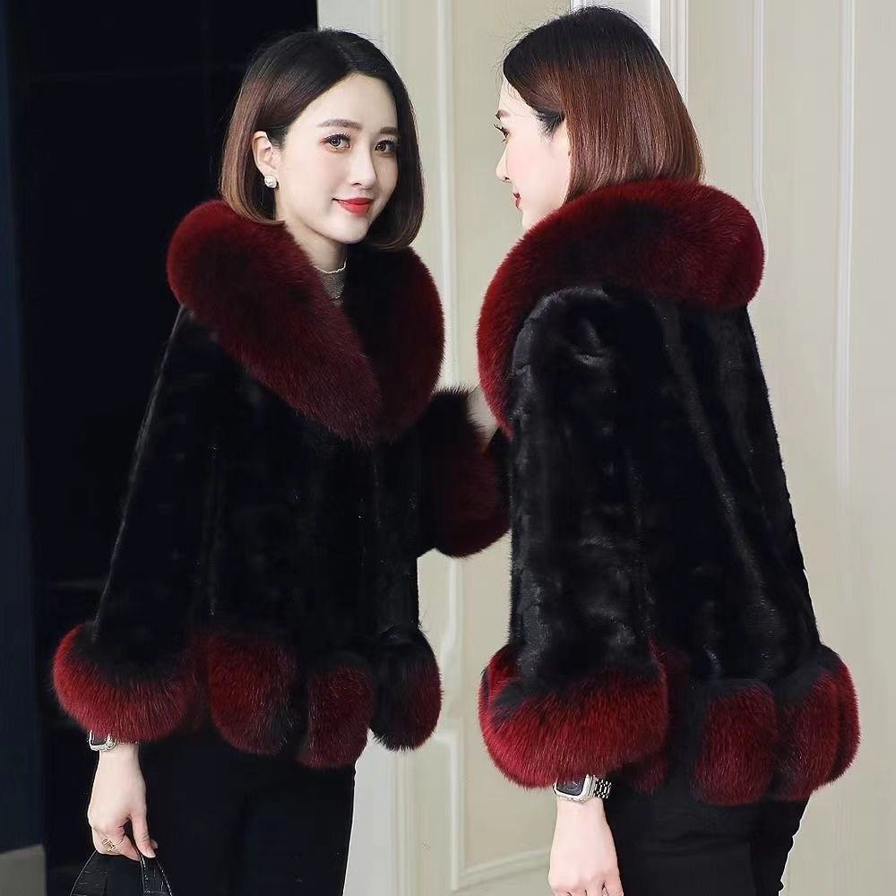 冬季新款短款显瘦拼貂领女士皮草外套